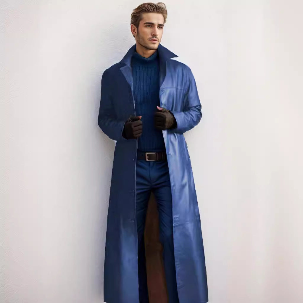 Herren Langer Ledermantel im Trench-Stil mit schmaler Silhouette und Stehkragen Shop Nory