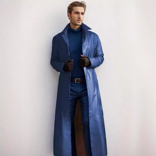 Herren Langer Ledermantel im Trench-Stil mit schmaler Silhouette und Stehkragen Shop Nory