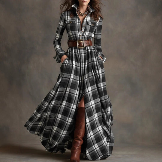 Damen nan karierte Maxikleid Hemdblusenkleid mit ausgestelltem Rock und breitem Taillengürtel Shop Nory