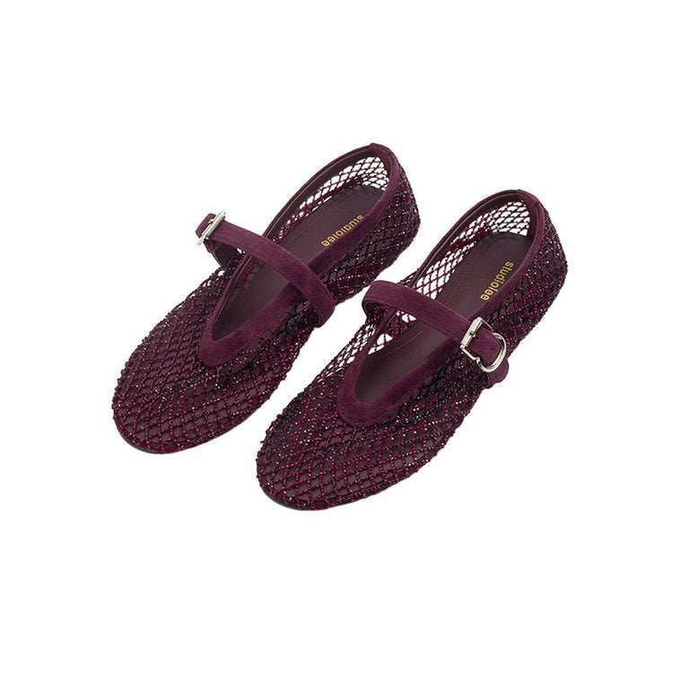 Damen elegante Ballerina-Schuhe mit dekorativem Riemchen und funkelnden Akzenten