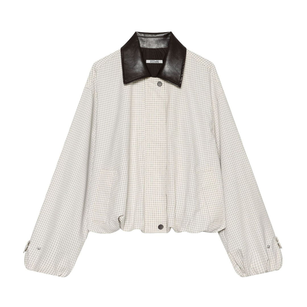 Damen Oversize-Boxy-Jacke mit Karomuster, Kunstleder-Revers und Kordelzugsaum Shop Nory