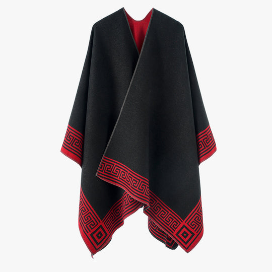 Damen Poncho‑Cape mit griechischer Bordüre, V‑Ausschnitt und kastigem Oversize‑Schnitt Shop Nory