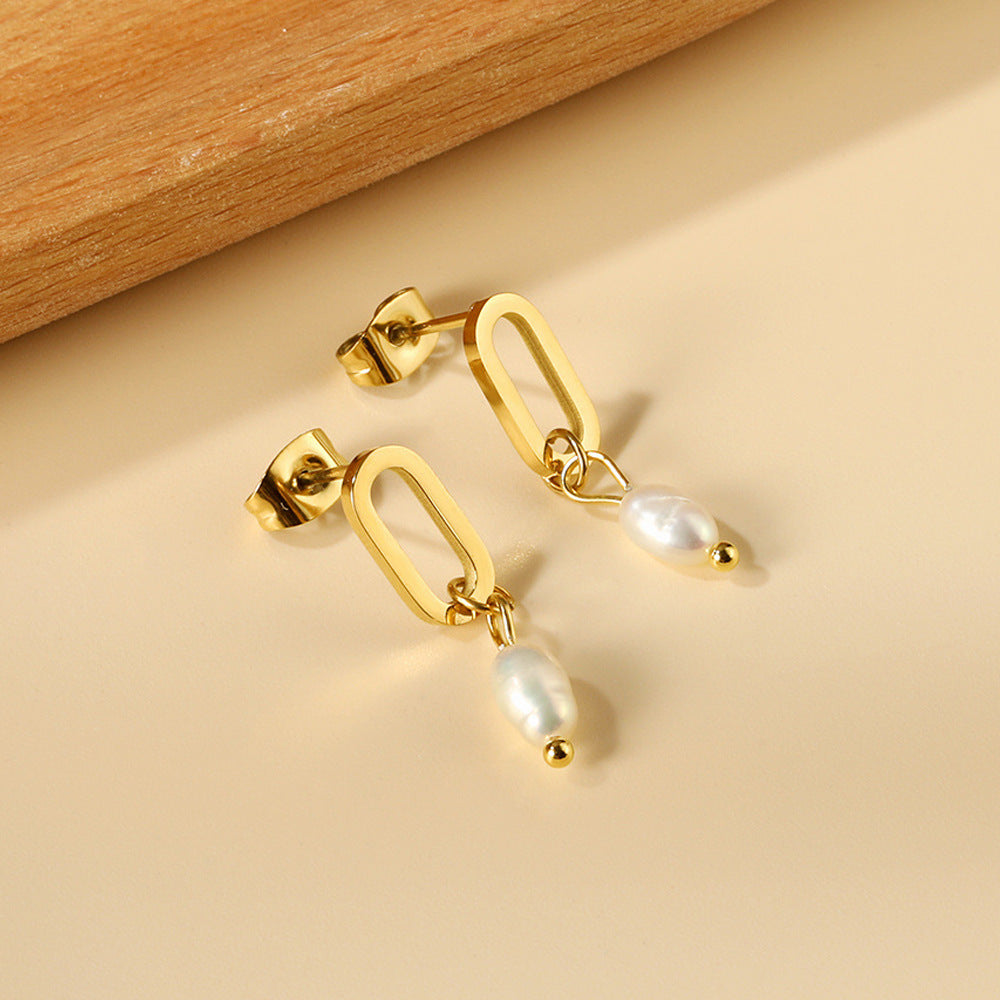 Damen Hängende Ohrringe aus hochwertigem Edelstahl mit goldplattierten Elementen und eleganten Perlenanhängern Shop Nory