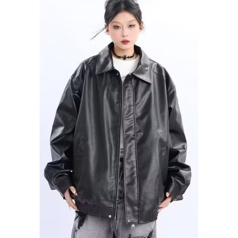 Damen Oversized Kunstleder-Blouson mit elastischem Saum und Hemdkragen Shop Nory