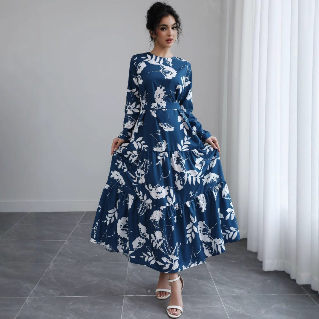 Damen Langes Blumen-Tiered-Maxikleid mit Taillengürtel & Rundhalsausschnitt Shop Nory