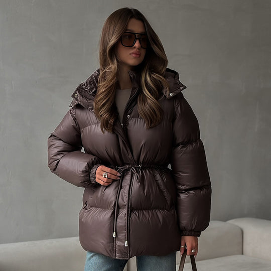 Damen Langer wattierter Parka mit Kapuze, Taillenzug und Oversize-Silhouette Shop Nory