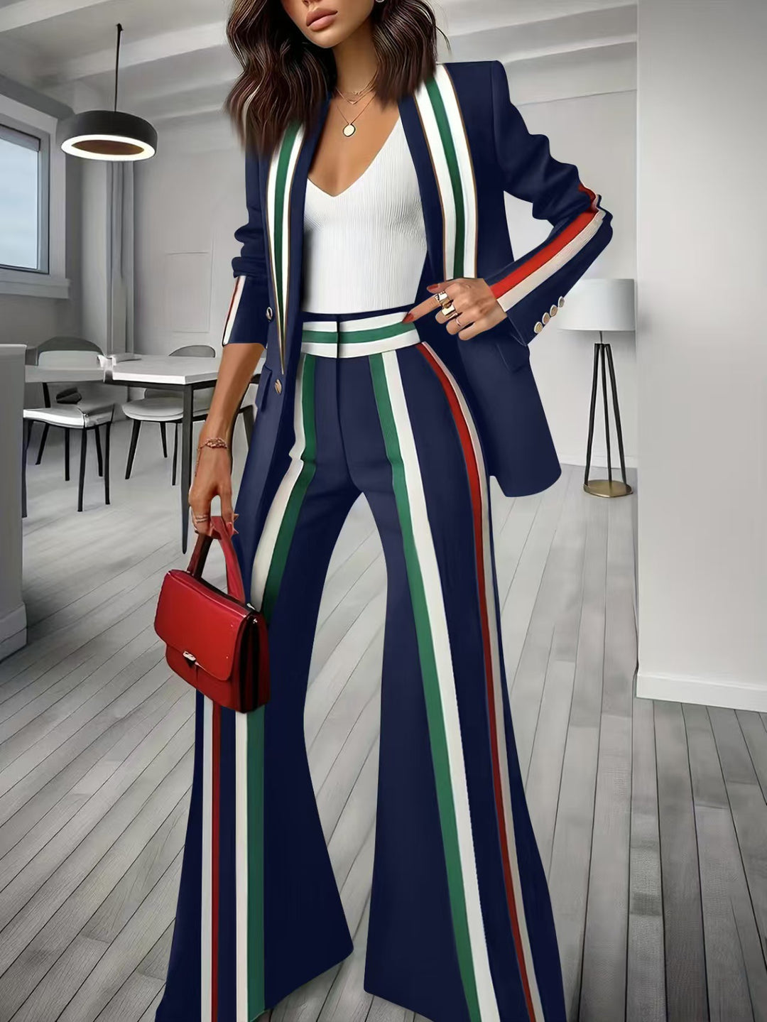 Damen Elegantes Blazer‑Hosenensemble mit seitlichen Kontraststreifen und weitem Schlag Shop Nory