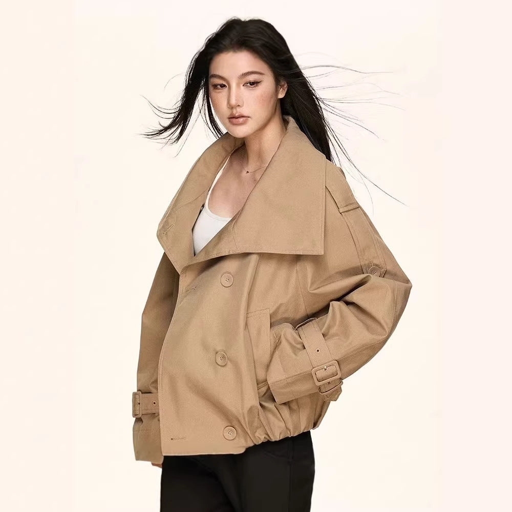 Damen Oversized Doppelreihige Trench-Bomberjacke mit hohem Stehkragen Shop Nory