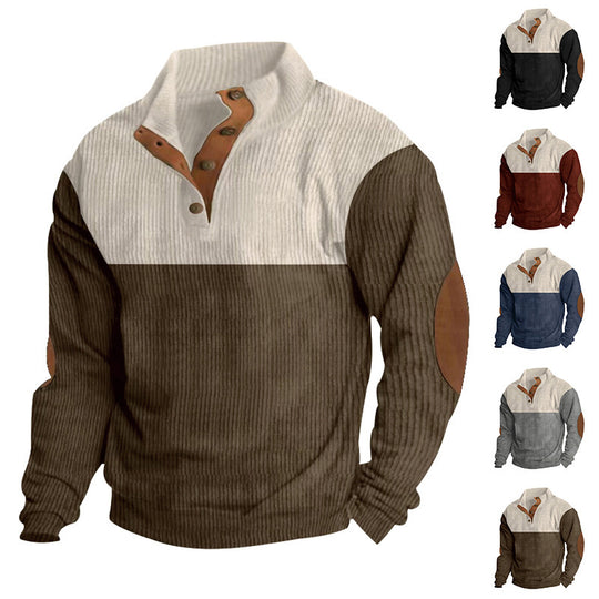 Herren Gerippter Halbkragen‑Henley‑Pullover mit Knopfleiste und Leder‑Ellbogenpatches Shop Nory