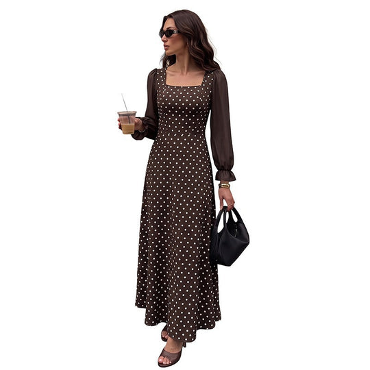Damen Retro-inspiriertes Polka‑Dot‑Maxikleid mit quadratischem Dekolleté und transparenten Plissee‑Ärmeln Shop Nory