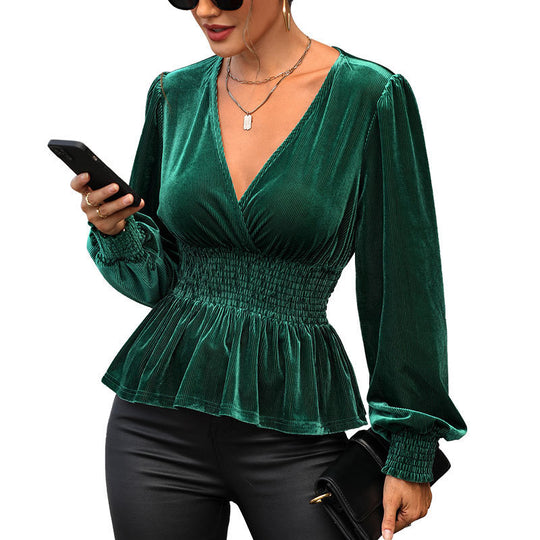 Damen Samtbluse mit V-Ausschnitt, geraffter Smock-Taille und Peplum Shop Nory