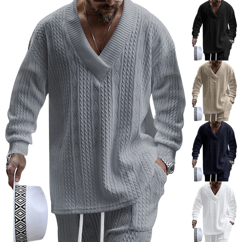 Herren lässiger Strickpullover mit V-Ausschnitt und Kabelmuster