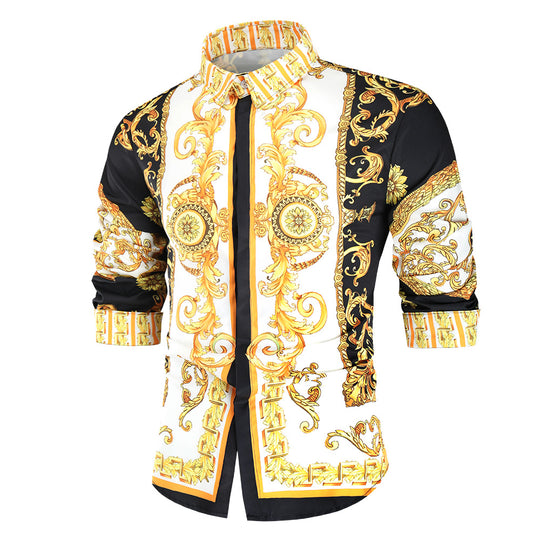 Herren nan barockes Langarm-Hemd mit ornamentalem Druck, Kentkragen und tailliertem Schnitt Shop Nory