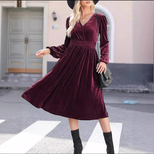 Damen Midikleid aus Samt mit V-Ausschnitt, geraffter Smock-Taille und langen Ballonärmeln Shop Nory