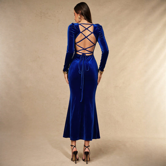 Damen eng anliegendes Samt-Maxiabendkleid mit quadratischem Ausschnitt und Meerjungfrauen-Silhouette Shop Nory
