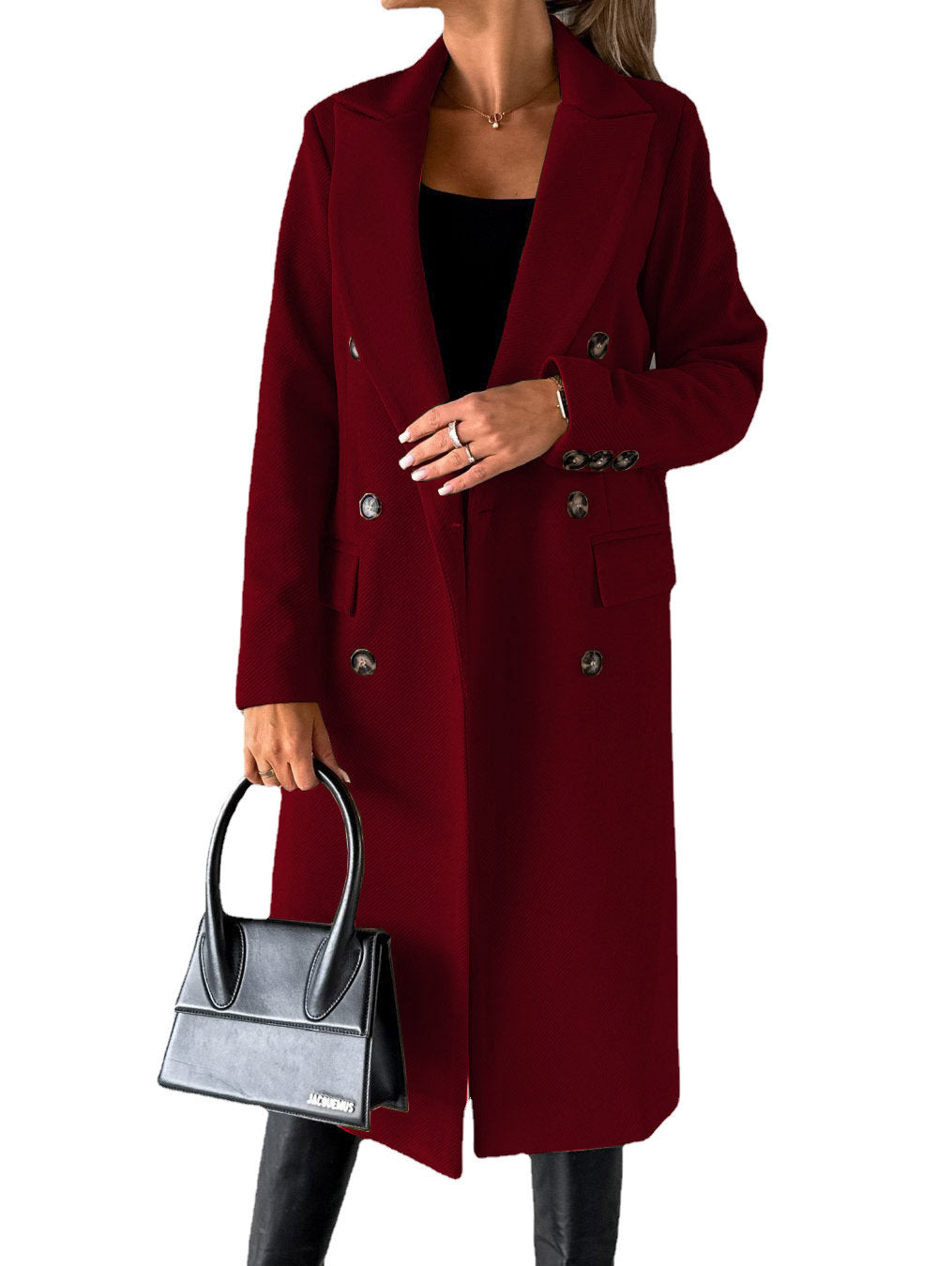 Damen klassischer langer Doppelreiher Mantel mit Reverskragen und Pattentaschen Shop Nory
