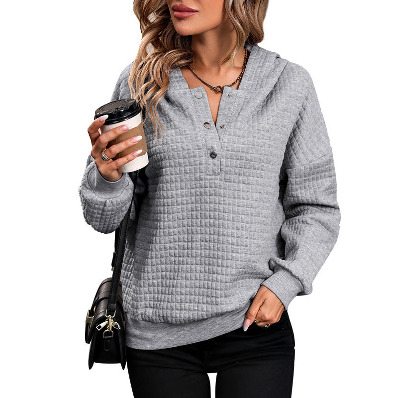 Damen Gestepptes Waffelstrick-Henley-Hoodie mit Druckknopfleiste Shop Nory