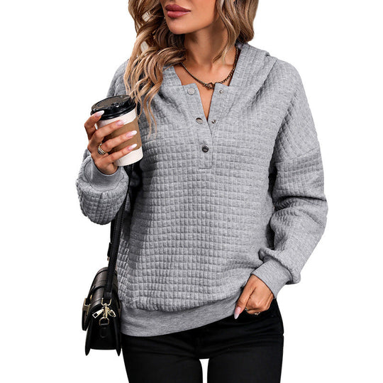 Damen Gestepptes Waffelstrick-Henley-Hoodie mit Druckknopfleiste Shop Nory