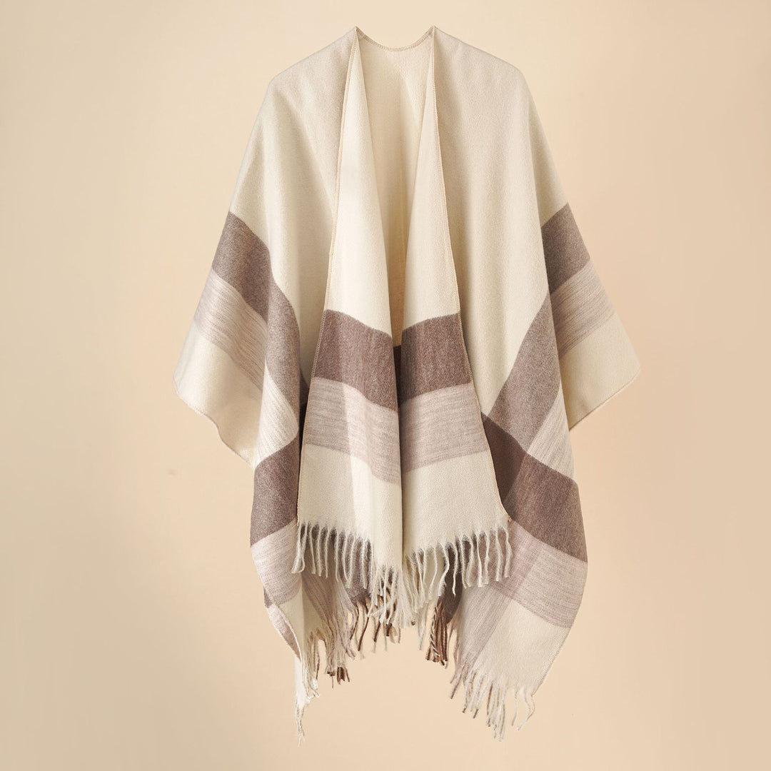 Damen Weit geschnittener Karierter Poncho mit Fransen und V‑Ausschnitt Shop Nory