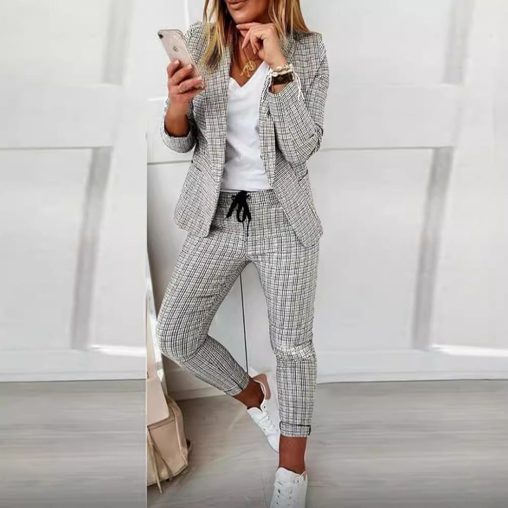 Damen Zweiteiler karierter Blazer und Slim-Fit Jogginghose mit Tunnelzug Shop Nory