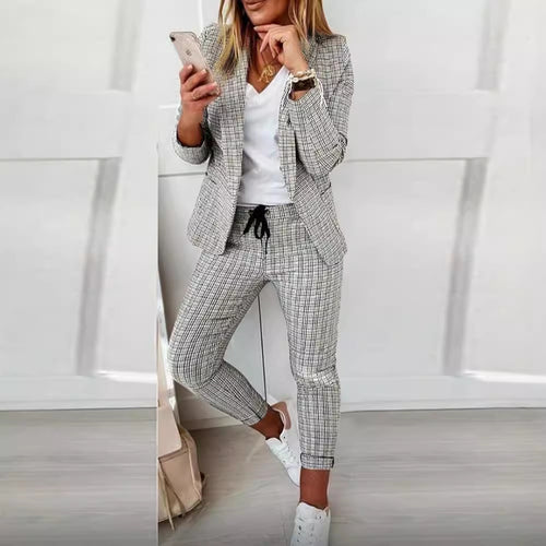 Damen Zweiteiler karierter Blazer und Slim-Fit Jogginghose mit Tunnelzug Shop Nory