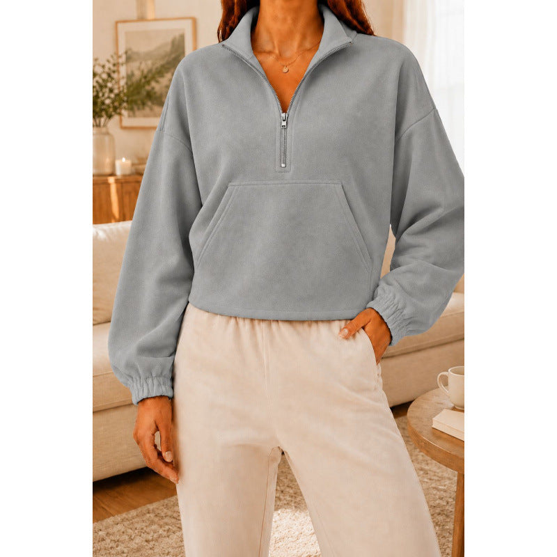 Damen Kurz geschnittener Sweatshirt-Pullover mit halbem Reißverschluss und Kängurutasche Shop Nory