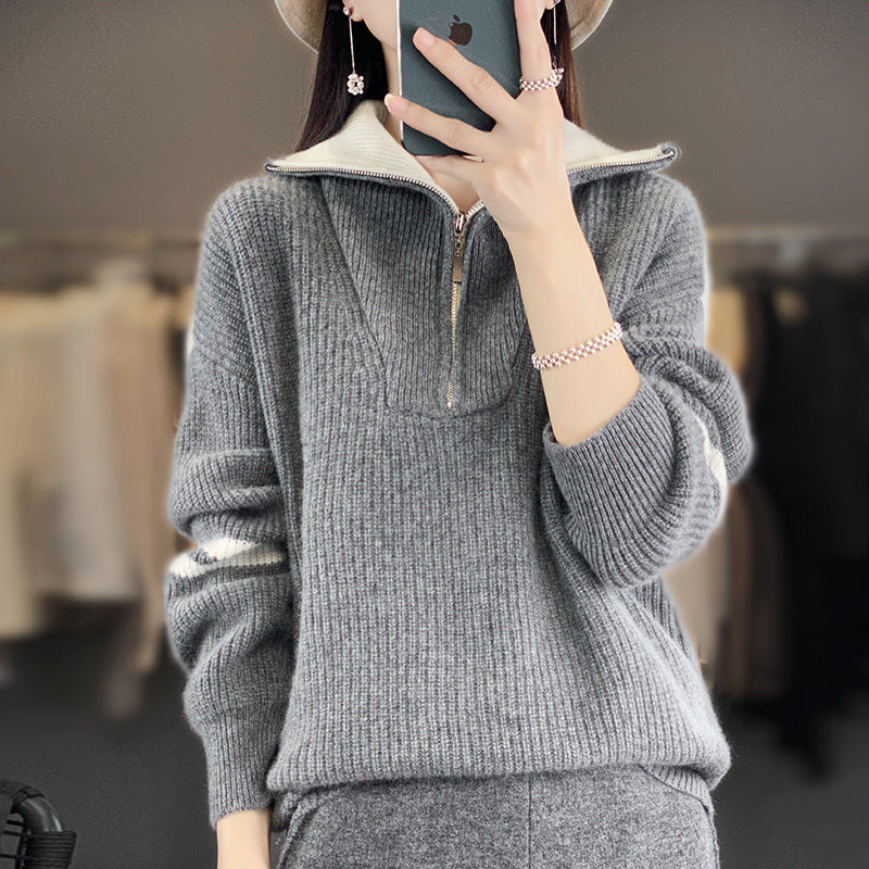 Damen Rippenstrick-Pullover mit halbem Reißverschluss, hohem Stehkragen und lässiger Passform Shop Nory