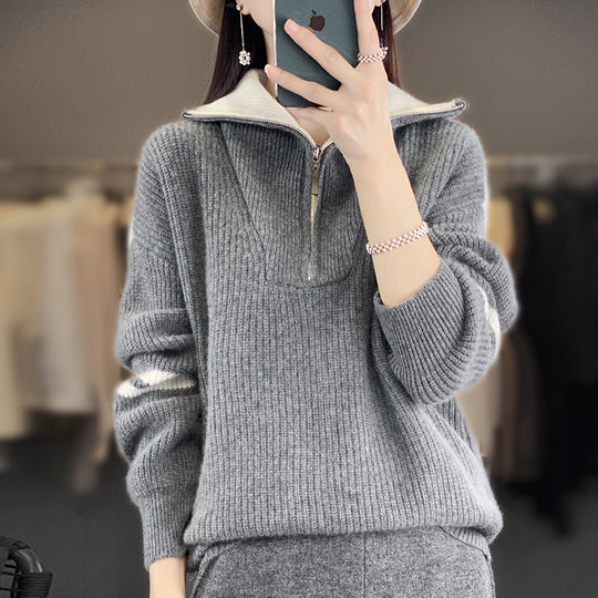 Damen Rippenstrick-Pullover mit halbem Reißverschluss, hohem Stehkragen und lässiger Passform Shop Nory
