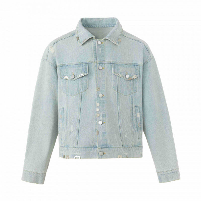 Unisex Boxige Jeansjacke im Worker‑Look mit Metallapplikationen und Pattentaschen Shop Nory
