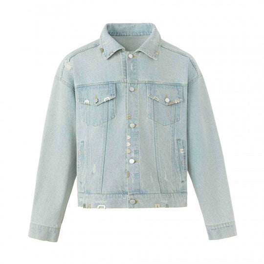 Unisex Boxige Jeansjacke im Worker‑Look mit Metallapplikationen und Pattentaschen Shop Nory