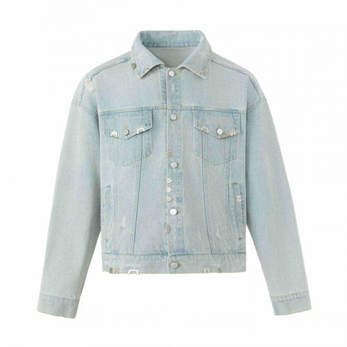 Unisex Boxige Jeansjacke im Worker‑Look mit Metallapplikationen und Pattentaschen Shop Nory