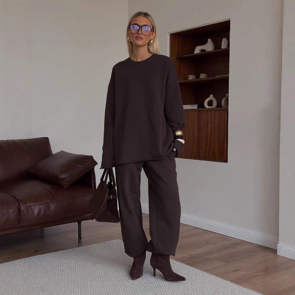 Damen kastiges Sweatstoff-Set mit weichem Rundhalsausschnitt und weiter Kordelbundhose Shop Nory
