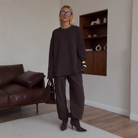 Damen kastiges Sweatstoff-Set mit weichem Rundhalsausschnitt und weiter Kordelbundhose Shop Nory