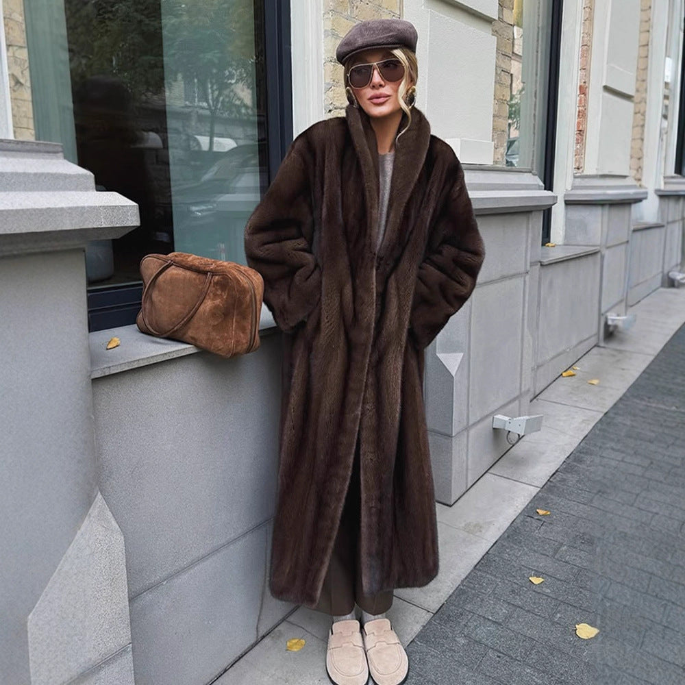 Damen Langer Kunstfellmantel mit Stehkragen und Oversize-Passform Shop Nory