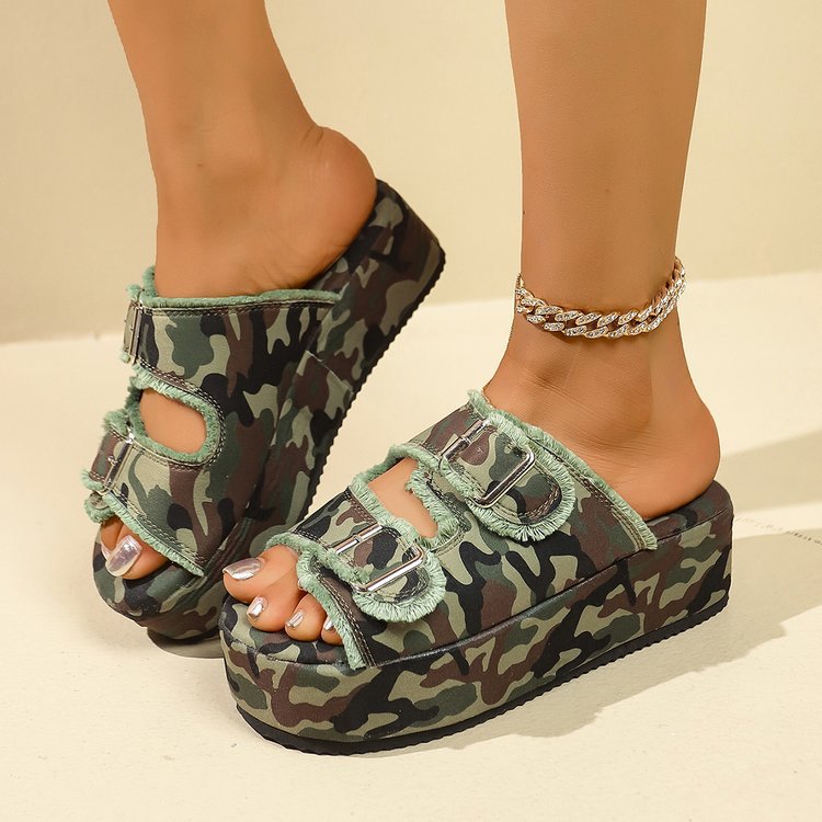 Damen bequeme Plattformsandalen aus Denim mit doppeltem Riemen
