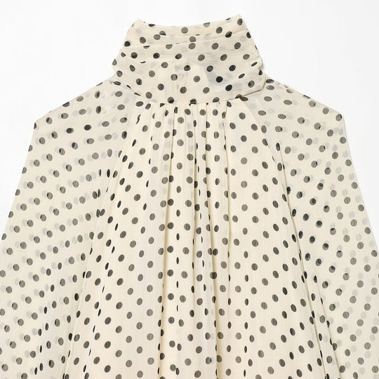 Damen Luftige Chiffon-Bluse mit Polka-Dots, Drapiertem Schlauchkragen und Ballonärmeln Shop Nory