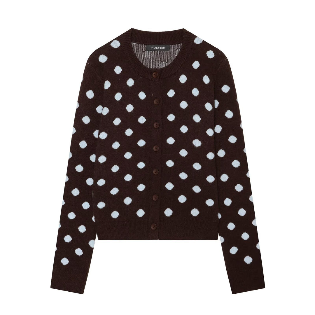 Damen Kurzgeschnittener Gepunkteter Feinstrick-Cardigan mit Rippbündchen und Knopfleiste Shop Nory