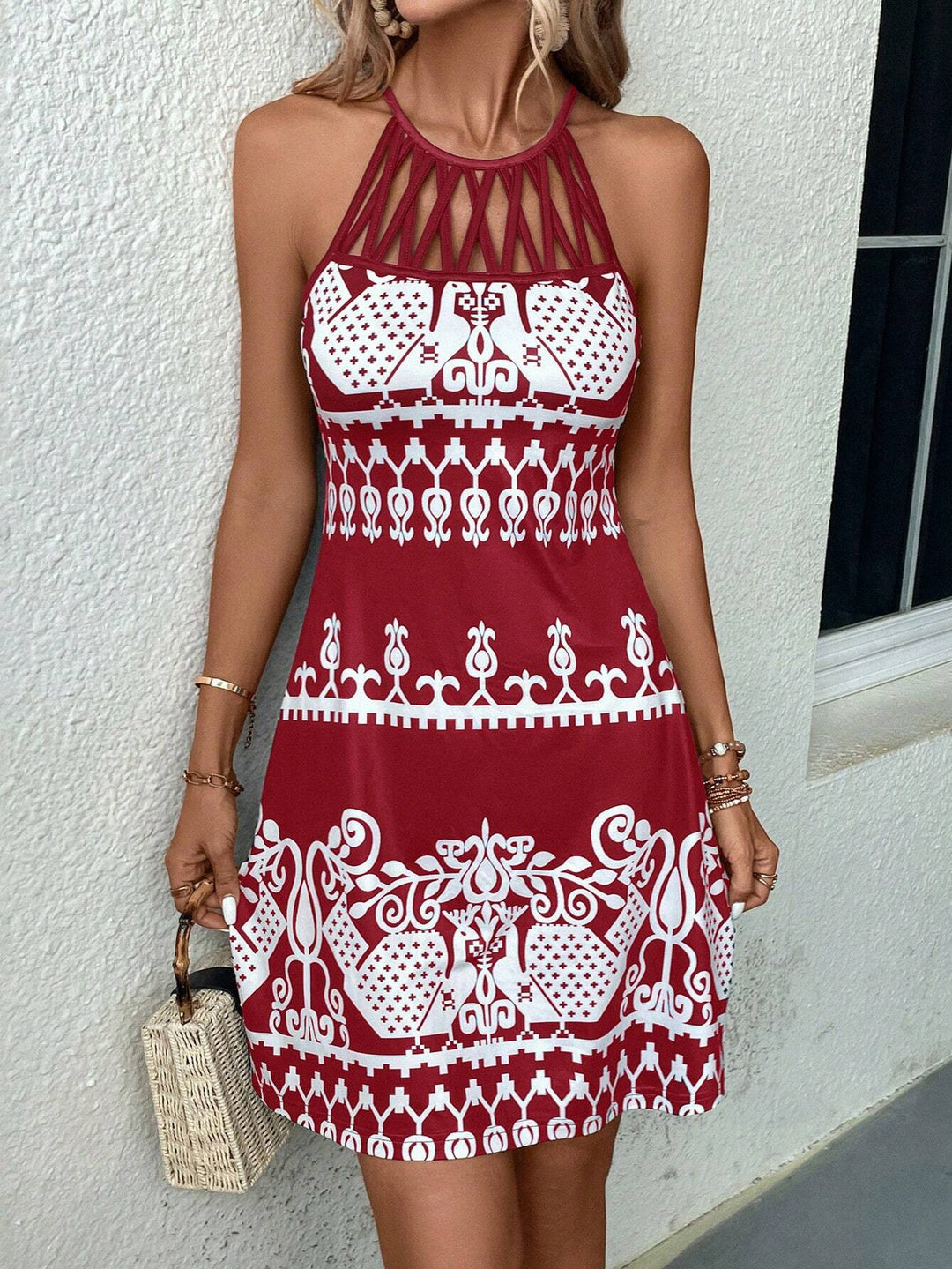 Damen Neckholder-Kleid mit ornamentalem Allover-Print und Ziergitter am Ausschnitt Shop Nory