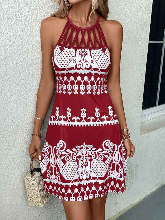 Damen Neckholder-Kleid mit ornamentalem Allover-Print und Ziergitter am Ausschnitt Shop Nory