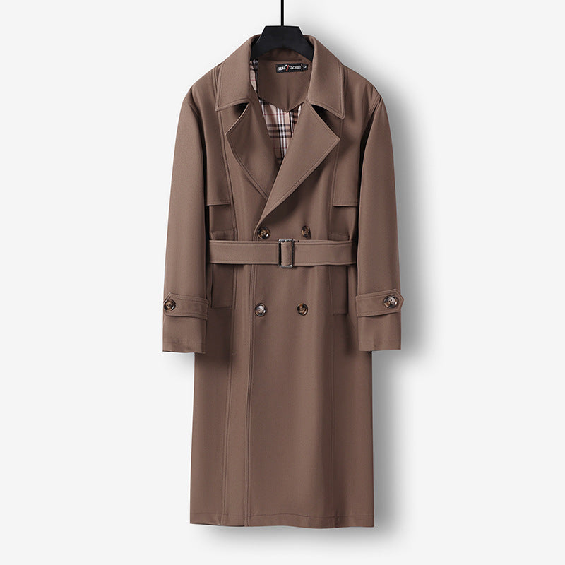 Herren Midilanger Doppelreihiger Trenchcoat mit Taillengürtel, abgefalcetem Revers und kariertem Innenfutter Shop Nory