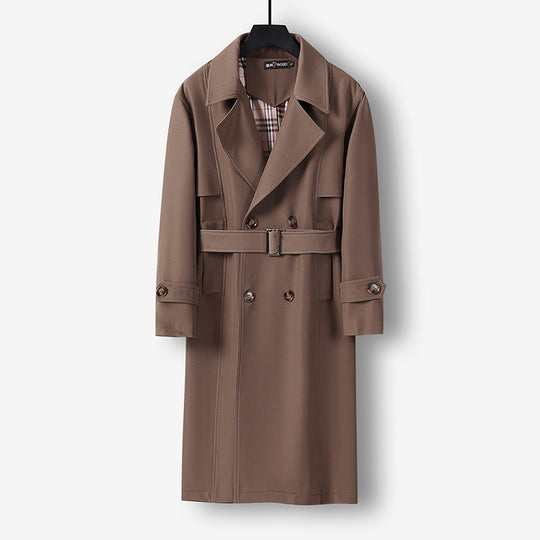 Herren Midilanger Doppelreihiger Trenchcoat mit Taillengürtel, abgefalcetem Revers und kariertem Innenfutter Shop Nory