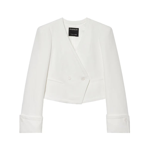 Damen gekürzter doppeltreihiger Blazer mit V‑Ausschnitt und Umschlagärmeln Shop Nory