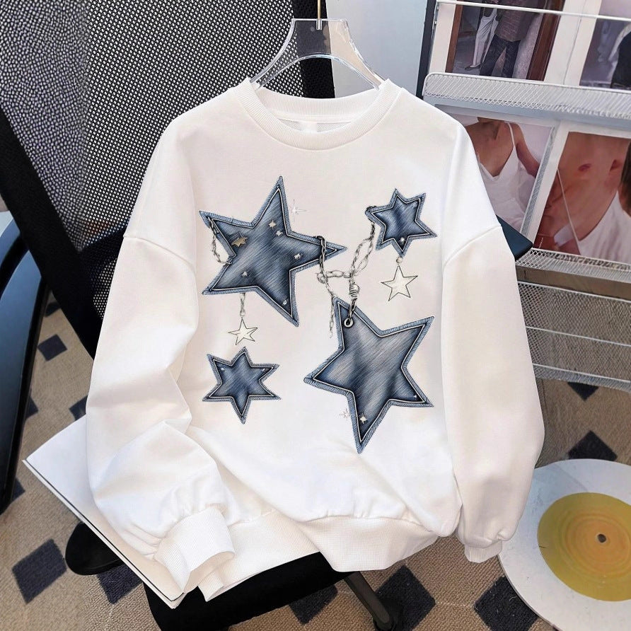 Damen nan lässiges Oversize-Sweatshirt mit gestickten Stern-Applikationen in Jeans-Optik und geripptem Saum Shop Nory
