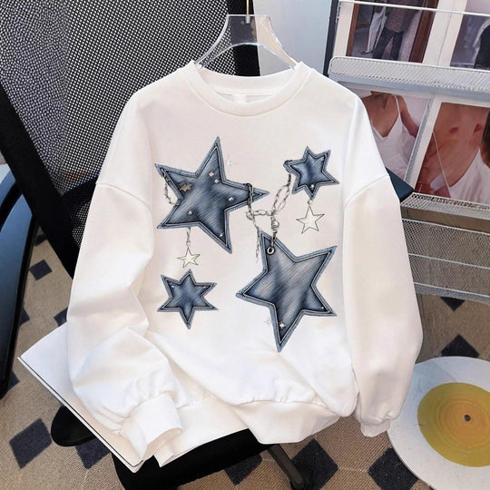 Damen nan lässiges Oversize-Sweatshirt mit gestickten Stern-Applikationen in Jeans-Optik und geripptem Saum Shop Nory