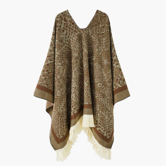Damen Jacquard-Poncho mit V-Ausschnitt, Animalprint und Fransensaum Shop Nory
