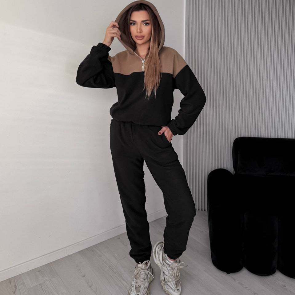 Damen Zweiteiliges Farbblock-Loungewear-Set mit halbem Reißverschluss und schmaler Jogginghose Shop Nory