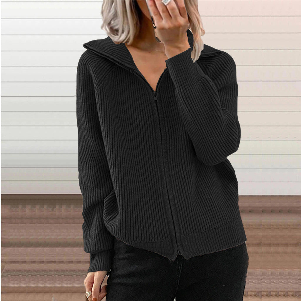 Damen bequeme Strickjacke mit hohem Kragen und durchgehendem Reißverschluss