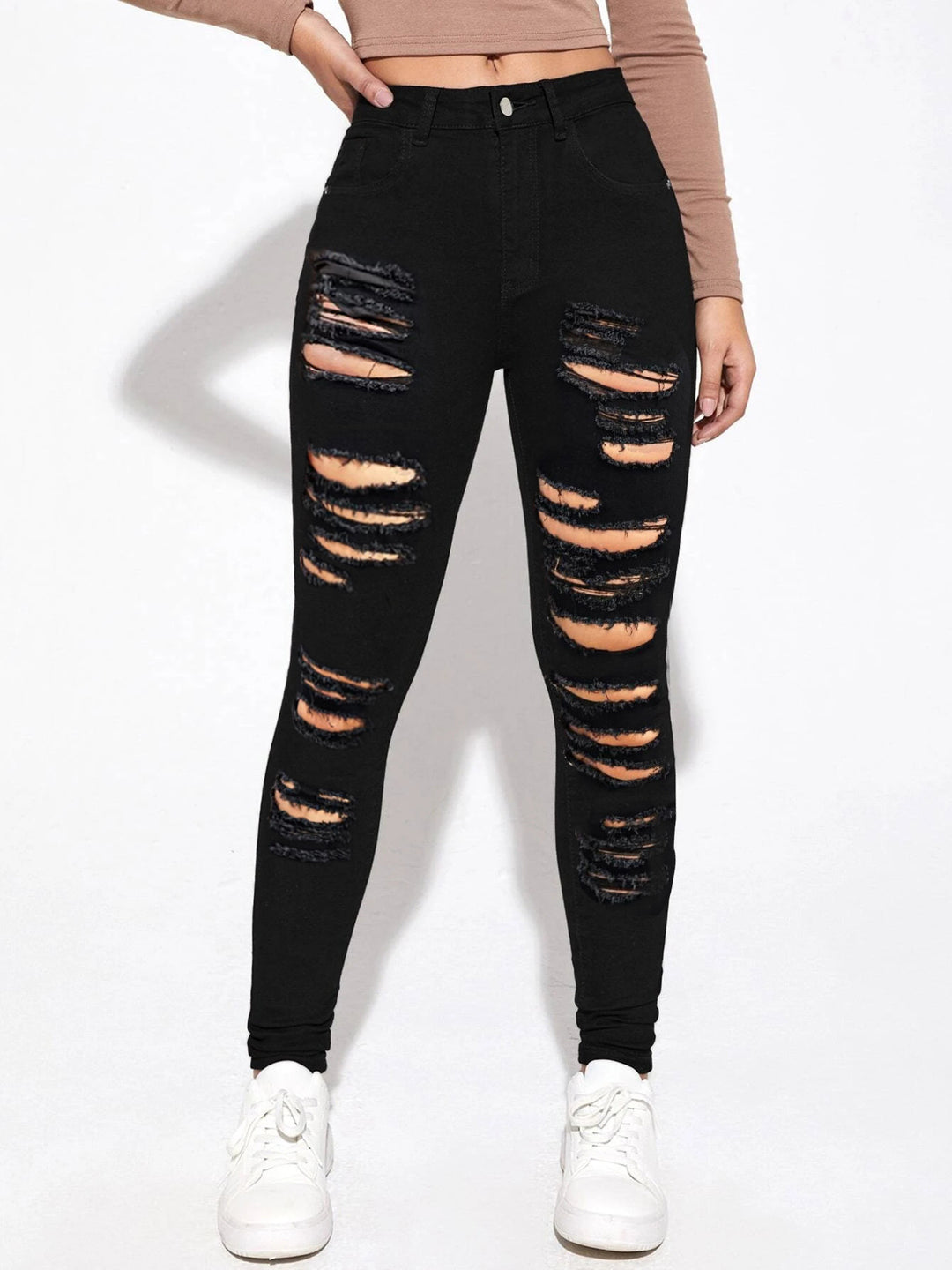 Damen Hochtaillierte Superstretch-Jeans im Skinny-Fit mit ausgeprägten Destroy-Rissen Shop Nory