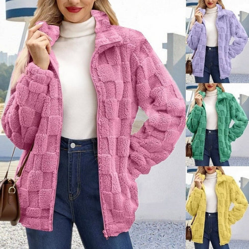 Damen Teddyjacke mit Karo-Struktur, Stehkragen und Reißverschluss Shop Nory