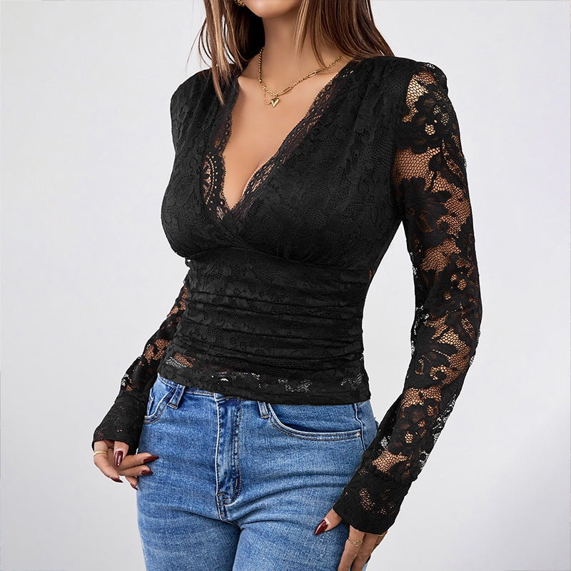 Damen Spitzenbluse mit tiefem V-Ausschnitt und langen Ärmeln